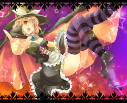 Rule 34 | 1girl, ass, blonde hair, braid, breasts, cape, female focus, gradient background, halloween, hat, kirisame marisa, long hair, maki (seventh heaven maxion), pumpkin, skirt, solo, thighhighs, touhou, witch, witch hat, yellow eyes