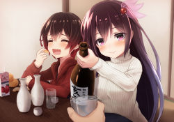 Rule 34 | 2girls, alcohol, alternate costume, bottle, brown hair, chinese zodiac, choko (cup), closed mouth, cup, drinking glass, drinking straw, eating, closed eyes, food, fruit, glass bottle, gradient hair, holding, holding bottle, holding cup, hood, hoodie, juice, kantai collection, kisaragi (kancolle), long hair, mandarin orange, multicolored hair, multiple girls, mutsuki (kancolle), new year, ootori (kyoya-ohtori), open mouth, pointing, pov, pov hands, purple eyes, red hair, red hoodie, ribbed sweater, sake, short hair, sweater, tatami, tokkuri, twitter username, white sweater, wine bottle, year of the pig