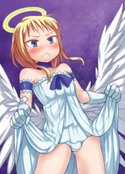 Rule 34 | 1boy, angel, angel wings, armband, blonde hair, blue eyes, blush, bulge, choker, closed mouth, clothes lift, comiket 85, commentary request, crossdressing, dress, elbow gloves, etori, feathered wings, gloves, halo, idolmaster, idolmaster shiny colors, medium hair, purple background, simple background, skirt, skirt lift, solo, strapless, strapless dress, tearing up, thighs, trap, white dress, white gloves, white wings, wings