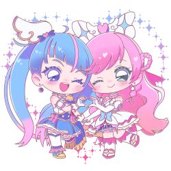 Rule 34 | absurdres, ahoge, ascot, blue eyes, blue hair, blush, boots, bow, cape, chibi, commentary, cure prism, cure sky, detached sleeves, dress, earrings, full body, glove bow, gloves, gradient hair, green eyes, hair bow, heart, heart hands, heart hands duo, highres, hirogaru sky! precure, jewelry, long hair, magical girl, multicolored hair, nijigaoka mashiro, one eye closed, open mouth, otannu (bkdenta), pink bow, pink hair, precure, puffy detached sleeves, puffy sleeves, single sidelock, smile, sora harewataru, swept bangs, twintails, two-sided cape, two-sided fabric, very long hair, white ascot, white bow, white dress, white gloves, wing hair ornament