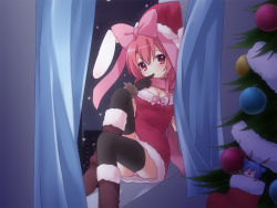Rule 34 | 1girl, animal ears, bad id, bad pixiv id, boots, bow, breasts, christmas, christmas tree, cleavage, curtains, finger to mouth, gloves, hat, knee boots, onka, original, panties, pantyshot, rabbit ears, red eyes, red hair, sakura (mani), santa costume, santa hat, snow, solo, striped clothes, striped panties, thighhighs, underwear, usashiro mani, window