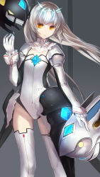 Rule 34 | 1girl, armor, bad id, bad pixiv id, closed mouth, code: battle seraph (elsword), covered navel, detached collar, detached sleeves, elsword, eve (elsword), expressionless, facial mark, faulds, flat chest, floating hair, gem, gloves, glowing, grey background, grey hair, groin, highleg, highleg leotard, lace, leotard, long hair, looking at viewer, moby (elsword), orange eyes, remy (elsword), robot, sleeves past wrists, solo, standing, strapless, strapless leotard, swd3e2, thighhighs, twintails, very long hair, white gloves, white hair, white thighhighs, wind