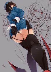 Rule 34 | 1girl, arms behind back, ass, beret, black gloves, black hair, black panties, black thighhighs, blue headwear, breasts, commentary request, endou (zettai bluenoid), from below, garter straps, gloves, grey background, hat, highres, kantai collection, large breasts, military, military uniform, miniskirt, panties, red eyes, short hair, sketch, skirt, standing, takao (kancolle), thighhighs, thighs, underwear, uniform, wrist cuffs
