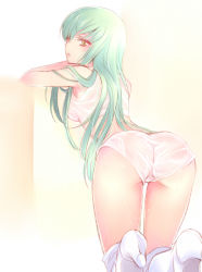 Rule 34 | 1girl, ass, blush, boots, c.c., code geass, from behind, green hair, halterneck, halterneck, high heels, kneeling, long hair, looking back, mizunomoto, panties, see-through, shoes, solo, thigh boots, thighhighs, uncensored, underwear, wet, wet clothes, white thighhighs, yellow eyes