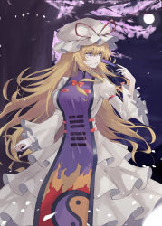 Rule 34 | 1girl, black background, blonde hair, breasts, cherry blossoms, closed mouth, dress, frilled dress, frills, full moon, hat, highres, kuro wa shinoru, large breasts, long hair, long sleeves, looking to the side, mob cap, moon, outdoors, parted lips, purple eyes, solo, tabard, touhou, white dress, white hat, yakumo yukari