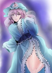 Rule 34 | 1girl, blue background, blue dress, blue hat, blue sash, blush, breasts, center frills, commentary request, dress, frills, gradient background, hair between eyes, hand up, hat, highres, jumping, large breasts, long hair, long sleeves, looking at viewer, mob cap, no panties, pink eyes, pink hair, pink lips, purple background, saigyouji yuyuko, sash, side slit, solo, thighs, touhou, triangular headpiece, veil, wide sleeves, y2