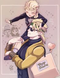 Rule 34 | 4boys, aged down, bag, black nails, blonde hair, blush, bracelet, braid, carrying, child, closed eyes, commentary request, dio brando, fangs, father and son, giorno giovanna, headband, jacket, jewelry, jojo no kimyou na bouken, long hair, long sleeves, mole, mole on ear, morino peko, multiple boys, muscular, muscular male, open mouth, shoes, shopping bag, sitting on shoulder, smile, socks, stardust crusaders, sunglasses, terence t. d&#039;arby, vampire, vanilla ice, vento aureo, white socks, yellow jacket