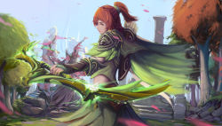 Rule 34 | 1girl, blue sky, bow (weapon), cape, dota (series), dota 2, gauntlets, green cape, green pants, green shirt, grin, highres, holding, holding bow (weapon), holding weapon, long hair, looking at viewer, looking to the side, open mouth, orange eyes, orange hair, outdoors, pants, petals, ponytail, shirt, short sleeves, sinkme, sky, smile, solo, stairs, tree, weapon, windranger (dota)