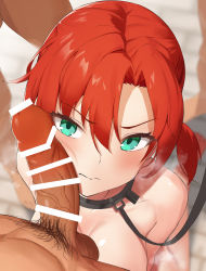Rule 34 | 1boy, 1girl, absurdres, bdsm, boudica (fate), breasts, collar, collarbone, erection, fate/grand order, fate (series), green eyes, hetero, highres, large breasts, leash, looking at viewer, mazenda (3378), nude, penis, penis on face, red hair, short hair, short ponytail, slave, testicles
