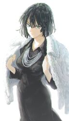 Rule 34 | 1girl, black dress, coat, commentary, dark green hair, dress, eliasdessin, fubuki (one-punch man), fur coat, fur jacket, green eyes, green hair, highres, impossible clothes, impossible dress, jacket, jacket on shoulders, jewelry, looking at viewer, necklace, one-punch man, open mouth, short hair, simple background, skin tight, solo, taut clothes, taut dress, white background