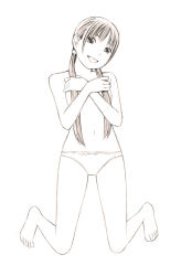 Rule 34 | 1girl, :d, barefoot, hair over breasts, head tilt, kneeling, long hair, monochrome, navel, open mouth, original, panties, sketch, smile, solo, topless, traditional media, twintails, underwear, x arms, yoshitomi akihito
