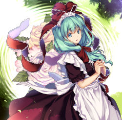 Rule 34 | 1girl, apron, blue eyes, commentary request, cowboy shot, dress, fingernails, flower, front ponytail, green hair, hair ribbon, interlocked fingers, kagiyama hina, long hair, maid apron, maid headdress, monety, own hands clasped, own hands together, parted lips, puffy short sleeves, puffy sleeves, red dress, red ribbon, ribbon, ripples, rose, short sleeves, solo, standing, touhou, wrist ribbon