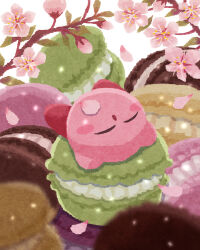 Rule 34 | :o, blurry, blurry foreground, blush, blush stickers, branch, cherry blossoms, closed eyes, commentary request, depth of field, flower, food, highres, kirby, kirby (series), lying, macaron, miclot, nintendo, no humans, on back, open mouth, petals, pink flower, sleeping, sparkle