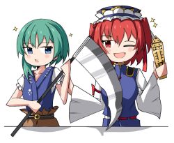 Rule 34 | 2girls, ;d, blue eyes, blue headwear, bright pupils, commentary, english commentary, epaulettes, frilled hat, frills, green eyes, hair bobbles, hair ornament, hat, holding, holding scythe, long sleeves, looking at viewer, multiple girls, obi, one eye closed, onozuka komachi, open mouth, red eyes, red hair, rod of remorse, sash, scythe, shiki eiki, simple background, smile, spam (spamham4506), touhou, two side up, upper body, white background, white pupils, wide sleeves