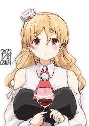 Rule 34 | 1girl, ascot, blonde hair, bodice, braid, breasts, brown eyes, commentary request, cup, drinking glass, french braid, hat, highres, kantai collection, large breasts, long hair, mini hat, one-hour drawing challenge, owa (ishtail), red ascot, shirt, solo, tilted headwear, upper body, wavy hair, white shirt, wind, wine glass, zara (kancolle)