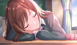 Rule 34 | 1girl, alisia0812, blush, brown hair, classroom, closed eyes, closed mouth, commentary request, curtains, desk, head rest, highres, idolmaster, idolmaster shiny colors, indoors, long hair, osaki amana, pencil case, school desk, sleeping, smile, solo, swept bangs, upper body, zipper, zipper pull tab