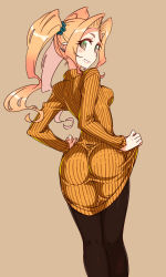 Rule 34 | 1girl, ass, back, beige background, black pantyhose, blonde hair, breasts, green eyes, grin, kagaminomachi no kaguya, kusanagi tonbo, looking at viewer, otohime (kagaminomachi no kaguya), pantyhose, ribbed sweater, simple background, smile, solo, sweater, twintails