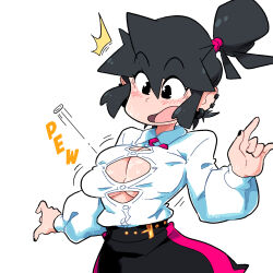 Rule 34 | 1girl, black eyes, black nails, blush, breasts, bursting breasts, button gap, cleavage, collared shirt, ear piercing, earrings, flying button, hair bun, highres, jewelry, large breasts, long sleeves, lucia (scott malin), medium breasts, necktie, original, piercing, popped button, red necktie, scott malin, shirt, shirt tucked in, simple background, solo, upper body, wardrobe malfunction, white background, white shirt