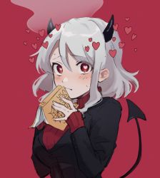 Rule 34 | 1girl, black horns, blush, book, closed mouth, demon girl, demon horns, demon tail, eyes visible through hair, film grain, fingernails, grey hair, hair between eyes, heart, heart-shaped pupils, helltaker, highres, holding, holding book, horns, ktym 777, long hair, looking at viewer, modeus (helltaker), open book, red background, red eyes, red sweater, ribbed sweater, simple background, solo, steam, sweat, sweater, symbol-shaped pupils, tail, turtleneck, upper body