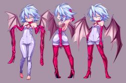 Rule 34 | 1girl, bare shoulders, barefoot, bat wings, bodysuit, boots, elbow gloves, from behind, gloves, high heels, highres, holding boots, holding footwear, looking at viewer, multiple views, pillow, purple bodysuit, red footwear, remilia scarlet, shimizu pem, short hair, thigh boots, thighhighs, touhou, wings, zipper