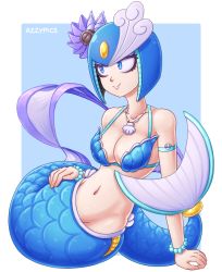 Rule 34 | 1girl, android, arm support, azzypics, blue background, blue eyes, bracelet, breasts, capcom, collarbone, helmet, highres, jewelry, large breasts, mega man (classic), mega man (series), mega man 9, mermaid, monster girl, navel, necklace, outside border, pearl bracelet, robot, shell, shell bikini, shell necklace, sitting, smile, solo, splash woman