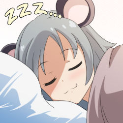 Rule 34 | 1girl, :3, animal ears, cato (monocatienus), closed eyes, commentary, grey hair, mouse ears, nazrin, pillow, portrait, short hair, sleeping, smile, solo, touhou, under covers, zzz
