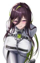 Rule 34 | 1girl, absurdres, arms behind back, bending, black hair, bodysuit, bound, bound arms, breasts, chain, contrapposto, cuffs, goddess of victory: nikke, green hair, guilty (nikke), highres, huge breasts, kurone rinka, large breasts, long hair, looking at viewer, multicolored hair, parted lips, purple eyes, restrained, shackles, skin tight, solo, straitjacket, tongue, tongue out, two-tone hair, very long hair, white bodysuit