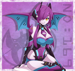Rule 34 | 1girl, animal ears, bare shoulders, bat ears, bat wings, breasts, bridal gauntlets, chuunioniika, cleavage, creatures (company), crobat, eyeliner, game freak, gen 2 pokemon, hair over one eye, highres, large breasts, long hair, low twintails, makeup, md5 mismatch, multicolored eyes, nail polish, nintendo, personification, pokemon, purple hair, red eyes, sitting, smile, solo, twintails, wings, yellow eyes