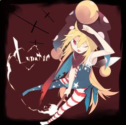 Rule 34 | 1girl, akimaki yuu, american flag dress, american flag legwear, arm up, armpit peek, blonde hair, clownpiece, dress, english text, fairy wings, fire, full body, hat, highres, jester cap, long hair, looking at viewer, neck ruff, one eye closed, pantyhose, polka dot, red eyes, short dress, short sleeves, simple background, solo, star (symbol), striped clothes, striped pantyhose, tongue, tongue out, torch, touhou, very long hair, wings