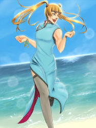 Rule 34 | 00s, 1boy, atonose saku, bangle, beach, blonde hair, bracelet, china dress, chinese clothes, crossdressing, darker than black, day, dress, grey thighhighs, jewelry, lebanon (darker than black), lens flare, lipstick, long hair, makeup, male focus, outdoors, running, scenery, sky, solo, thighhighs, twintails, water