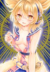 Rule 34 | 1girl, bare shoulders, beige shirt, blonde hair, blush, breasts, earmuffs, fang, hair between eyes, heart, heart-shaped pupils, highres, light smile, looking at viewer, medium breasts, medium hair, natsume nadeshiko, open clothes, open shirt, parted lips, pointy hair, skin fang, solo, sunburst, symbol-shaped pupils, touhou, toyosatomimi no miko, yellow eyes