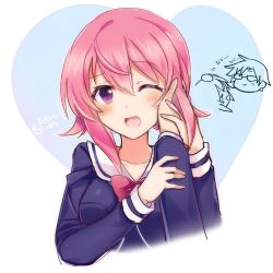 Rule 34 | 1girl, ;d, blue jacket, chaos;child, collarbone, cropped torso, hair between eyes, hand on another&#039;s cheek, hand on another&#039;s face, heart, highres, jacket, long sleeves, looking at viewer, one eye closed, onoe serika, open mouth, pink hair, pink neckwear, purple eyes, rotte (1109), sailor collar, short hair with long locks, sidelocks, smile, upper body, white background, white sailor collar