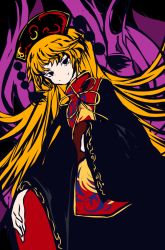 Rule 34 | 1girl, aura, bird, black dress, black eyes, blonde hair, chinese clothes, crescent, dress, energy, fire, junko (touhou), long hair, looking at viewer, phoenix, pom pom (clothes), ribbon, rrssrr, smile, solo, tabard, touhou, wide sleeves, yellow ribbon