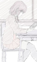 Rule 34 | 1girl, 7 calpis 7, blazer, blush, book, bow, bowtie, braid, breasts, closed mouth, desk, greyscale, hair between eyes, hair bow, highres, holding, holding book, indoors, jacket, long sleeves, looking away, monochrome, open book, open clothes, open jacket, original, pleated skirt, school desk, school uniform, sidelocks, single braid, sitting, skirt, small breasts, smile, solo, sweater vest, thighhighs, translation request, window