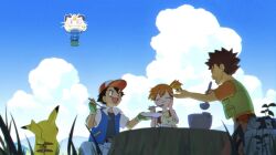 Rule 34 | 1girl, 2boys, aircraft, ash ketchum, belt buckle, black hair, bowl, brock (pokemon), brown hair, brown pants, buckle, chama kou, closed eyes, closed mouth, cloud, commentary request, creatures (company), day, eating, game freak, gen 1 pokemon, gen 2 pokemon, green vest, hat, holding, holding spoon, hot air balloon, jacket, ladle, meowth, misty (pokemon), multiple boys, nintendo, open clothes, open jacket, orange hair, orange shirt, outdoors, pants, pikachu, pokemon, pokemon (anime), pokemon (classic anime), pokemon (creature), shirt, short hair, short sleeves, sky, sleeveless, sleeveless shirt, smile, spiked hair, spoon, suspenders, team rocket, togepi, vest, yellow shirt