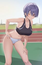 Rule 34 | 1girl, ahoge, armpits, banned artist, bare arms, bare shoulders, bent over, black sports bra, breasts, buruma, collarbone, crop top, day, grin, hair between eyes, hand on own thigh, highres, icomochi, large breasts, looking at viewer, midriff, navel, one eye closed, original, outdoors, purple hair, red eyes, short hair, sleeveless, smile, solo, sports bra, standing, stomach, sweatdrop, thighs, track and field, white buruma