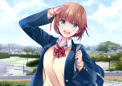 Rule 34 | 1girl, :d, bag, blue jacket, blush, bow, breasts, brown hair, cardigan, commentary request, green eyes, hand up, holding strap, jacket, looking at viewer, medium breasts, open mouth, original, park, salute, school bag, school uniform, short hair, smile, solo, striped bow, teeth, tinkle2013, upper body, upper teeth only, yellow cardigan