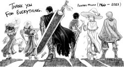 Rule 34 | absurdres, armor, berserk, boots, cape, casca (berserk), character request, commentary, english commentary, from behind, full body, gloves, greyscale, guts (berserk), hat, highres, huge weapon, monochrome, pltnm ghost, schierke (berserk), short hair, simple background, staff, sword, traditional media, walking, weapon, white background, witch hat