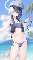 Rule 34 | 1girl, absurdres, bandeau, bare arms, bare shoulders, bikini, blue archive, blue bikini, blue eyes, blue sky, blurry, blurry background, breasts, cloud, commentary, cowboy shot, cuffs, day, grey hair, halterneck, hand on own hip, hand up, handcuffs, hat, highres, holding, long hair, looking at viewer, navel, peaked cap, side-tie bikini bottom, sky, small breasts, smile, solo, standing, stomach, swimsuit, thighs, valkyrie police academy student (blue archive), vest, z.taiga