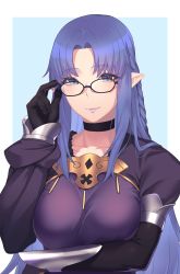 Rule 34 | 1girl, adjusting eyewear, arm under breasts, bespectacled, black-framed eyewear, black choker, black gloves, blue background, blue eyes, blue hair, braid, breasts, choker, collarbone, commentary request, eyes visible through hair, fate (series), glasses, gloves, hand on eyewear, highres, hikichi sakuya, large breasts, light smile, long sleeves, looking at viewer, medea (fate), parted bangs, pointy ears, simple background, solo, upper body