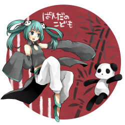Rule 34 | 1girl, alternate hairstyle, blue hair, china, chinese clothes, cleavage cutout, clothing cutout, detached sleeves, flat chest, hair ornament, hair rings, hatsune miku, panda, panda no kodomo (vocaloid), pants, shoes, sleeves past wrists, solo, tama (songe), twintails, vocaloid