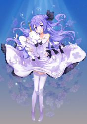 Rule 34 | 1girl, ahoge, azur lane, bare shoulders, black bow, black ribbon, blush, bow, collarbone, commentary request, covered mouth, detached sleeves, dress, full body, hair bun, hair ribbon, head tilt, long hair, long sleeves, looking at viewer, masoo, no shoes, hugging object, one eye closed, one side up, purple eyes, purple hair, ribbon, side bun, single hair bun, single side bun, sleeves past wrists, solo, strapless, strapless dress, stuffed animal, stuffed toy, stuffed winged unicorn, thighhighs, tiptoes, underwater, unicorn (azur lane), very long hair, white dress, white sleeves, white thighhighs