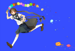 Rule 34 | 1girl, bag, blue background, blue skirt, braid, brown footwear, brown hair, female focus, food, highres, holding, holding bag, holding food, ice cream, ice cream cone, ice cream cone spill, ki (mxxxx), long hair, looking back, original, red eyes, running, sailor collar, school uniform, shirt, shoes, short sleeves, simple background, skirt, socks, solo, too many, too many scoops, twin braids, twintails, very long hair, white shirt, white socks