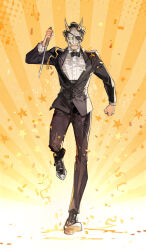 Rule 34 | 1boy, beard, black bow, black bowtie, black footwear, black hair, black jacket, black pants, black suit, bow, bowtie, collared shirt, eyepatch, facial hair, formal, full body, goatee, holding, holding knife, holding weapon, jacket, knife, long sleeves, looking at viewer, majima goro, male focus, mask, oni mask, open mouth, pants, partially unbuttoned, running, ryuu ga gotoku (series), shirt, short hair, sidelocks, smile, solo, starshadowmagician, suit, unbuttoned jacket, weapon, white shirt, yellow eyes