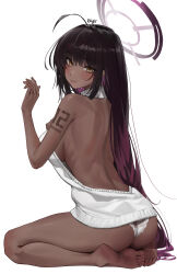 Rule 34 | 1girl, absurdres, ahoge, alternate costume, arm tattoo, ass, back, backless outfit, bare legs, barefoot, black hair, blue archive, blush, breasts, brown eyes, commentary request, dark-skinned female, dark skin, feet, from behind, from side, full body, furrowed brow, gradient hair, halo, halterneck, highres, karin (blue archive), legs, lips, long hair, looking at viewer, looking back, medium breasts, meme attire, multicolored hair, no bra, number tattoo, panties, parted lips, purple hair, ribs, sideboob, signature, simple background, sitting, so shio, soles, solo, sweatdrop, sweater, tattoo, toes, turtleneck, turtleneck sweater, two-tone hair, underwear, very long hair, virgin killer sweater, white background, white panties, white sweater