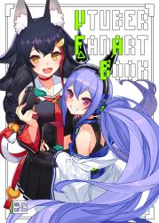 Rule 34 | 2girls, animal ear fluff, animal ears, bare shoulders, bell, black hair, blue hair, blush, choker, collarbone, commentary, controller, cover, detached sleeves, fang, gloves, grin, hair between eyes, hair ornament, hairclip, headphones, holding, holding controller, hololive, iriam, izumi sai, japanese clothes, kouhaku nawa, long hair, looking at viewer, looking back, midriff, multiple girls, ookami mio, ookami mio (1st costume), open mouth, partially fingerless gloves, red eyes, rope, shimenawa, smile, tsumugi nia, twintails, very long hair, virtual youtuber, wolf ears, yellow eyes
