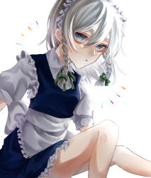 Rule 34 | 1girl, apron, back bow, blue dress, blue eyes, bow, bowtie, braid, breasts, buttons, closed mouth, collared shirt, commentary request, dress, frills, green bow, green bowtie, grey apron, grey bow, grey hair, grey shirt, hair between eyes, hair bow, highres, izayoi sakuya, looking at viewer, maid, maid headdress, medium breasts, puffy short sleeves, puffy sleeves, rainbow, shirt, short hair, short sleeves, simple background, sitting, solo, touhou, twin braids, white background