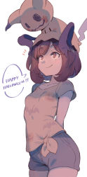 Rule 34 | 1girl, animal ears, animal print, arms behind back, bat print, blush, breasts, brown eyes, brown hair, brown shirt, closed mouth, creature on head, creatures (company), english text, game freak, gen 7 pokemon, grey pants, halloween, happy halloween, looking up, mimikyu, nintendo, notice lines, on head, pants, pokemon, pokemon (creature), pokemon on head, pokemon sm, pumpkin print, selene (pokemon), shirt, short hair, short shorts, short sleeves, shorts, simple background, small breasts, smile, speech bubble, ter (otokoter), tied shirt, white background