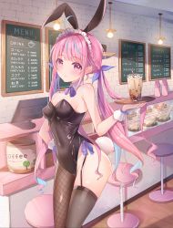 Rule 34 | 1girl, absurdres, ahoge, animal ears, ass, bakery, bare shoulders, black leotard, black pantyhose, blue hair, bow, braid, breasts, cake, chalkboard sign, cleavage, coffee, colored inner hair, counter, covered navel, cup, detached collar, drink, drinking straw, fake animal ears, fishnets, food, hair ribbon, hand on own hip, highres, holding, holding microphone, hololive, huge filesize, leotard, lights, long hair, looking at viewer, medium breasts, microphone, minato aqua, monitor, multicolored hair, nayuuchan, pantyhose, perky breasts, pink eyes, pink hair, playboy bunny, rabbit ears, rabbit tail, ribbon, shop, single thighhigh, smile, solo, standing, stomach, strap, strapless, tail, thighhighs, thighs, tray, twintails, two-tone hair, virtual youtuber, waitress, wooden floor, wrist cuffs