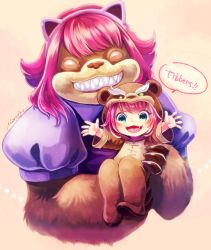 Rule 34 | &gt;:d, 1girl, :d, alternate costume, animal costume, annie (league of legends), bear costume, cosplay, costume switch, fang, green eyes, league of legends, mizoreame, open mouth, red hair, short hair, smile, tibbers, v-shaped eyebrows
